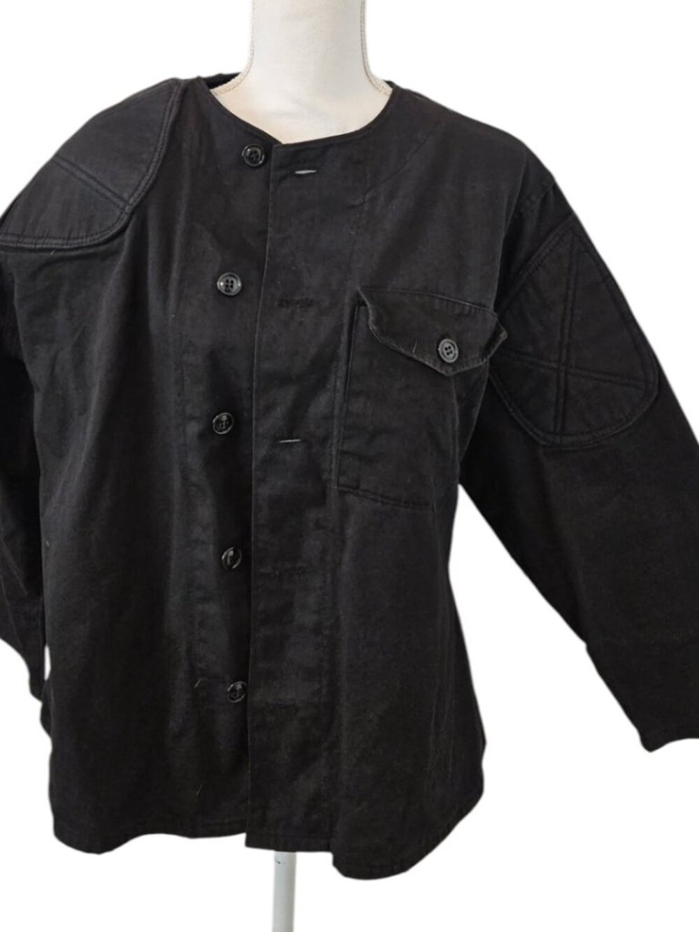 Vintage Black Cotton Collarless Shooting Jacket, Size M